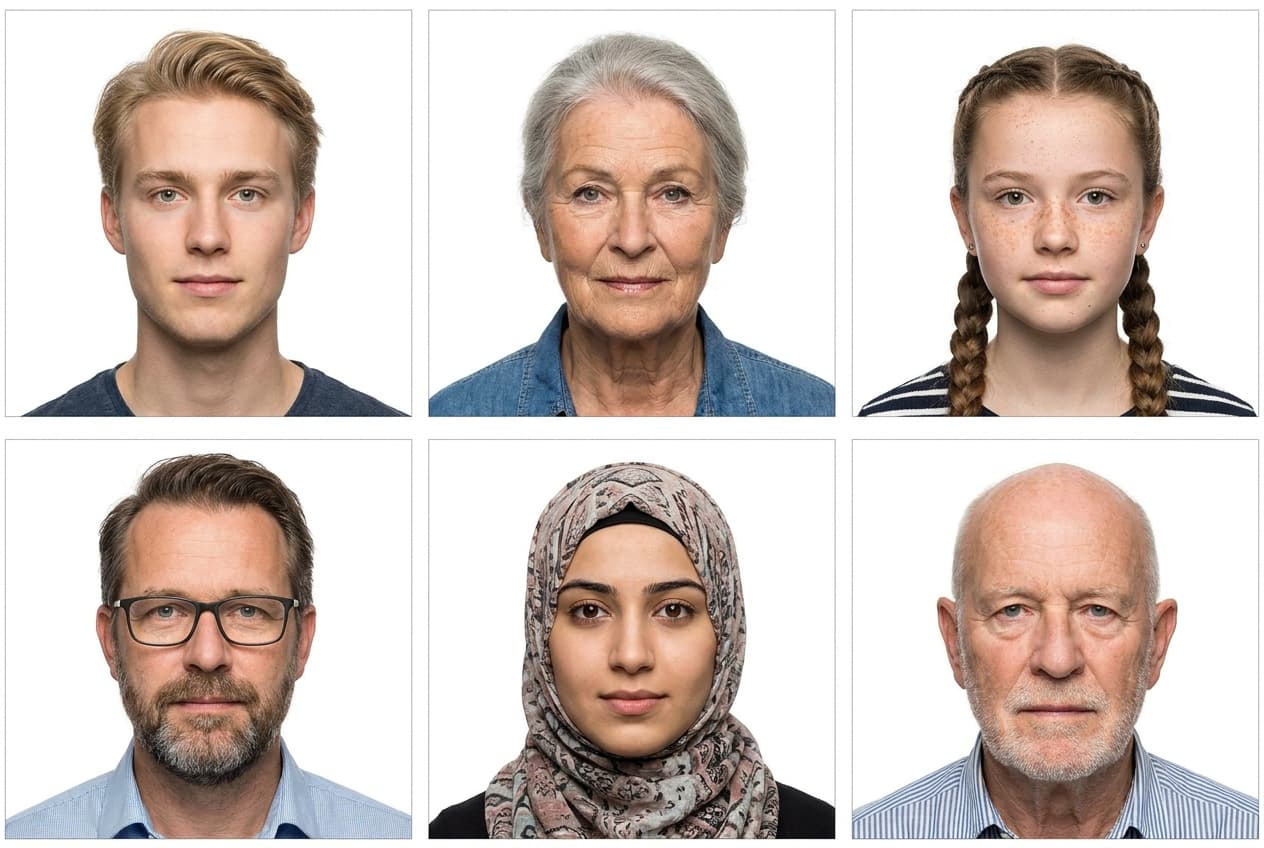 Diverse goedgekeurde pasfoto's gemaakt met Passenda